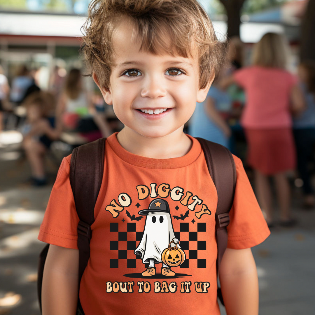Funny Kids Halloween Tee - No Diggity Bout To Bag It Up