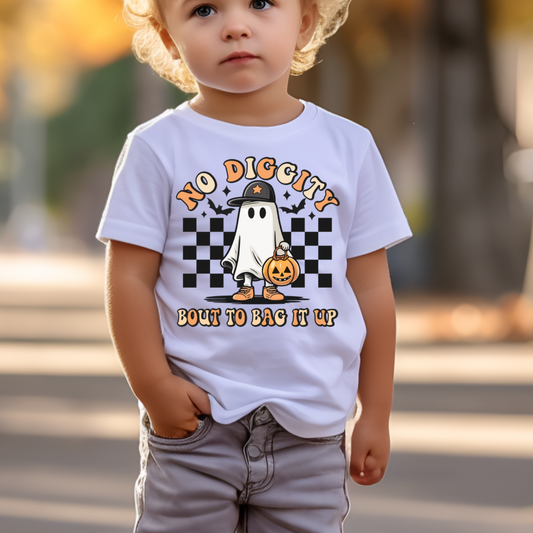Funny Kids Halloween Tee - No Diggity Bout To Bag It Up