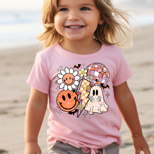 Retro Smiley Bolt Halloween Tee - Kids Pink